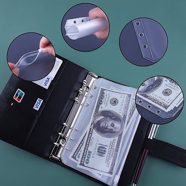 12pcs A6 Binder Pockets Loose Leaf Bags 6 Ring Binder Cash Budget Envelopes System, A6 Pu Leather Binder Set Black