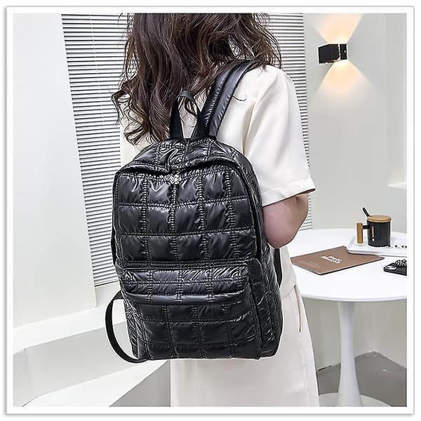 Down Cotton Filled Women's Backpack Quilted Plaid School Casual Bag black
