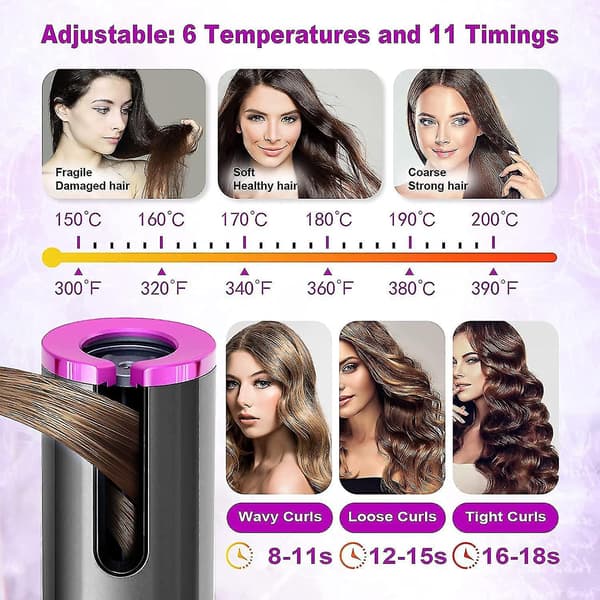 Cordless Automatic Hair Curler Portable Wireless Curling Iron Wand With Lcd Display Grey