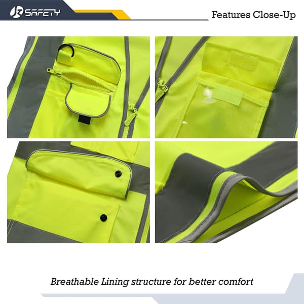 9 Pockets Class 2 High Visibility Zipper Front Safety Vest With Reflective Strips, Yellow Meets Ansi/isea Standards XXL