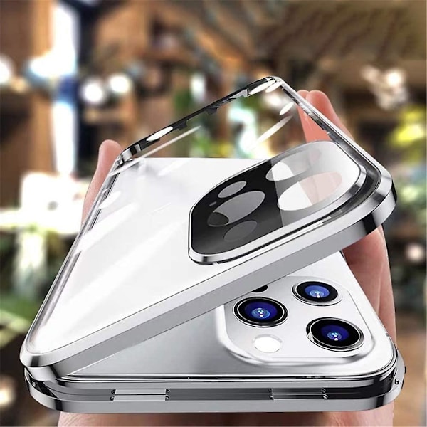 Anti-peeping Iphone 12 Pro Max Casewith  Strong Magnetic Adsorption Camera Lens Protector Metal Frame 360 Full Body Protective Double-sided Glass Silver iPhone12Promax