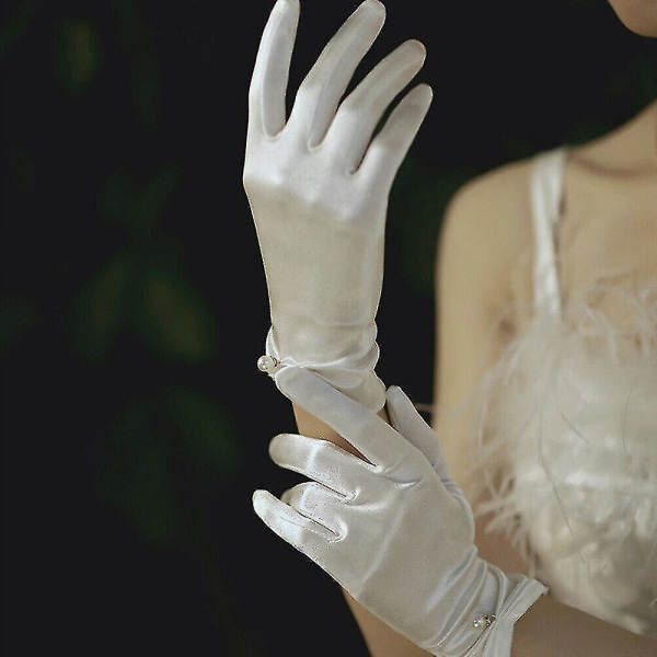 short Satin Bridal Gloves Women Vinatge Stretchy Gloves Wrist Length With Pearl