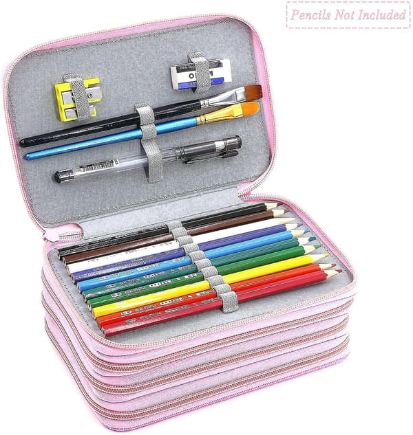 72 Slots 4-layer Zipper Pencil Case With Handle Strap, Oxford Fabric pink