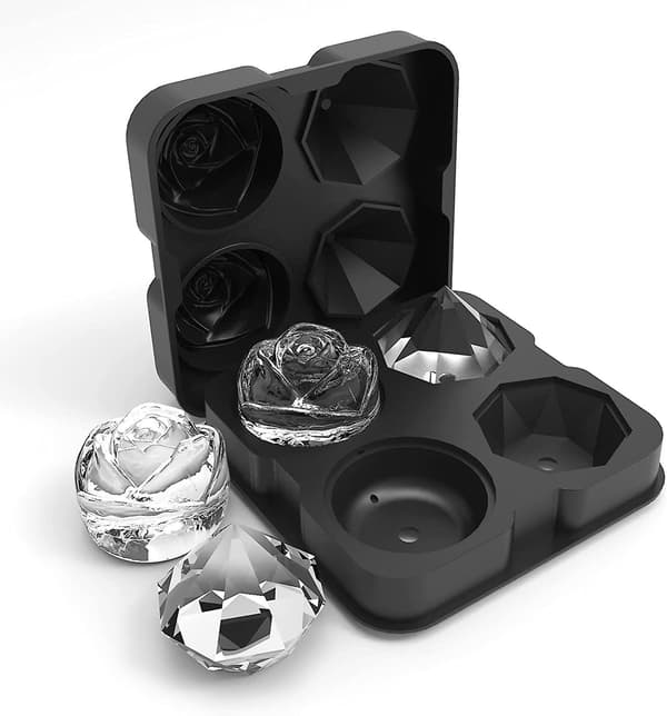 Isterningebakke, 2,5 tommer silikoneforme til isterninger, 2 hulrum Rose & 2 Diamant Isboldmaskine Black