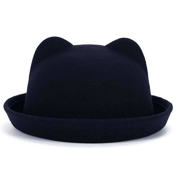 Bowlerhatte i uld til forældre og børn, Fedora-hatte Cat ear navy blue 54cm