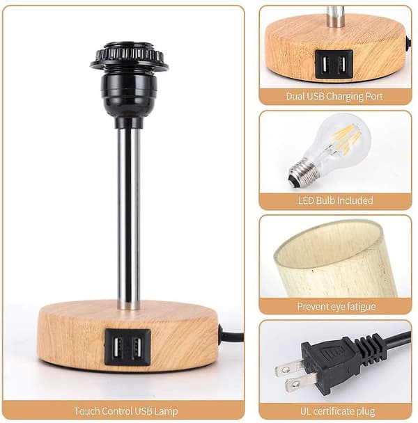 Bedside Lamp With Usb Port - Touch Control Table Lamp Compatible With Bedroom Wood 3 Way D