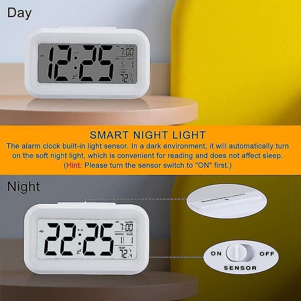 Smart Night Light Digital Alarm Clock With Indoor Temperature, Battery Operated Desk Small Clock White