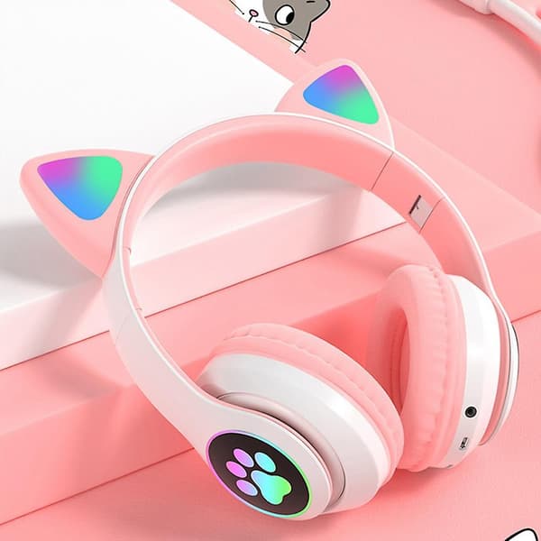 Trådløse Bluetooth-hodetelefoner med katteører og LED-lys Pink