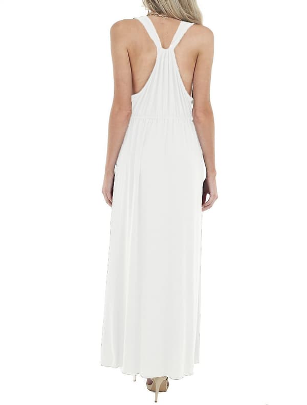 Ladies Sleeveless Deep V-neck Loose Solid Color Long Casual Backless Dress White M