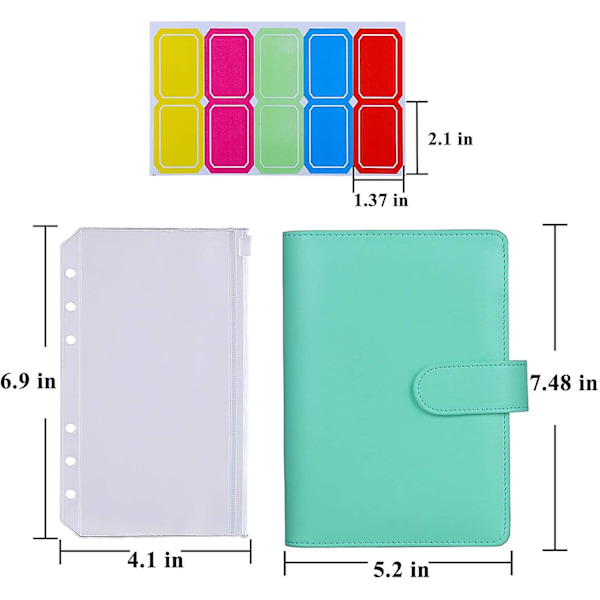 12pcs A6 Binder Pockets Loose Leaf Bags 6 Ring Binder Cash Budget Envelopes System, A6 Pu Leather Binder Set Green