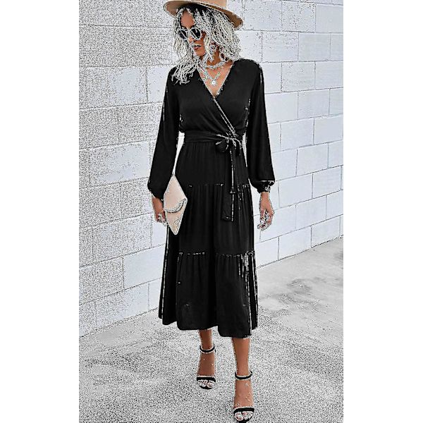 Women's Wrap V Neck Puff Long Sleeve Pleated Elegant Midi Dress With Belt And Snap-black(l)