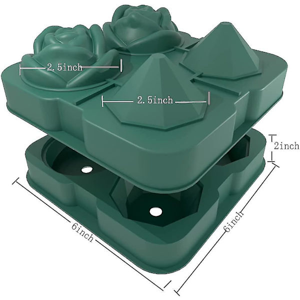 Ice Cube Tray, 2.5 Inch Ice Cube Silicone Molds, 2 Cavity Rose & 2 Diamond Ice Ball Maker Green