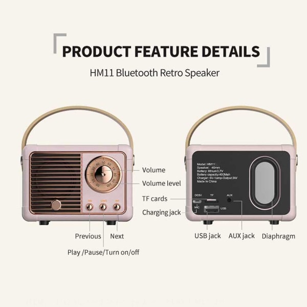 Wireless Retro Bluetooth Speaker Mini Usb Rechargable Vintage Fm Radio Pink