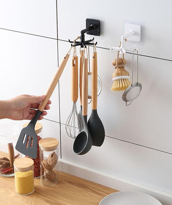 Multi-purpose Kitchen 6 Hooks 360 Rotating Folding Rack For Organizer And Storage Spoon Hanger Bathroom Waterproof Towel Hooks White