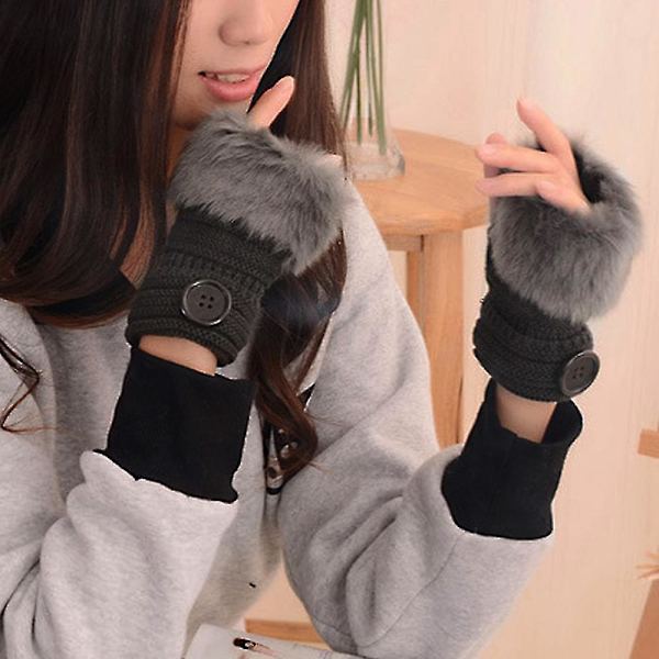 women Winter Faux Fur Wrist Fingerless Gloves Arm Warmer Mittens Dark Grey