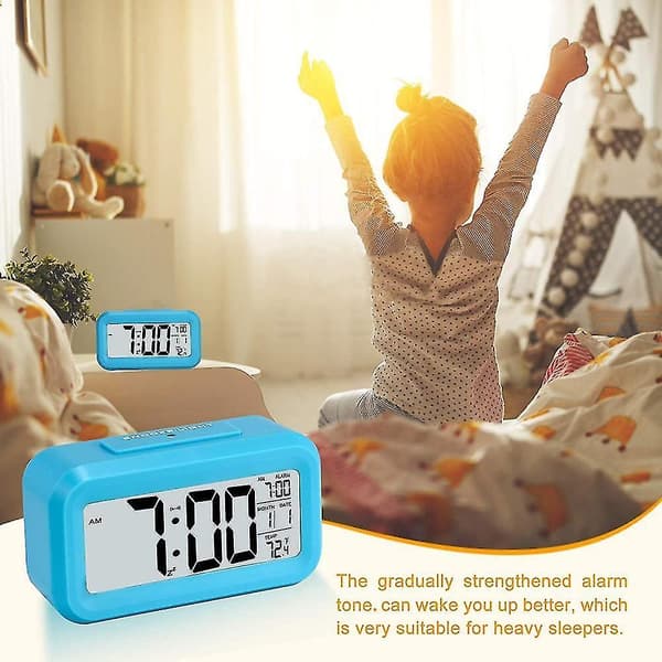 Smart Night Light Digital Alarm Clock With Indoor Temperature, Battery Operated Desk Small Clock Blue