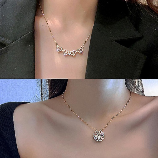 Four Leaf Clover Necklace Magnetic Folding Heart-shaped Clavicle Chain Openable Choker Jewelry Hanging Pendant For Women Gold