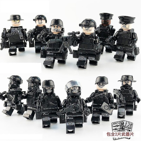 12 stk. Sort Swat Politi Minifigur Byggeklods Tilbehør Militærlegetøj