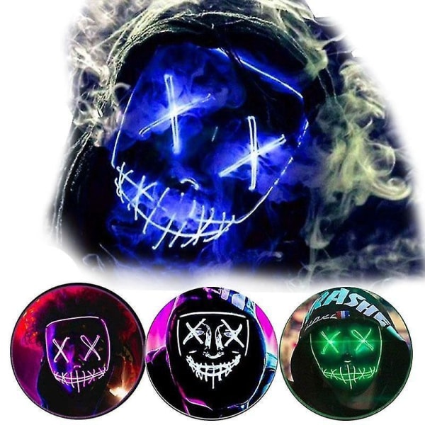Halloween Clubbing Lysende LED Maske Kostume Rave Party Purge 3 Tilstande Blue
