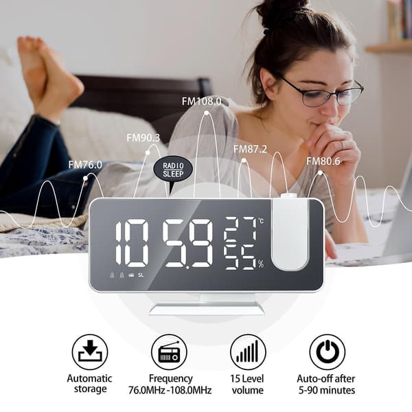 Led Digital Alarm Clock Watch Table Electronic Desktop Clocks Usb Wake Up Fm Radio Time Projector Snooze Function 2 Alarm Black with White Words