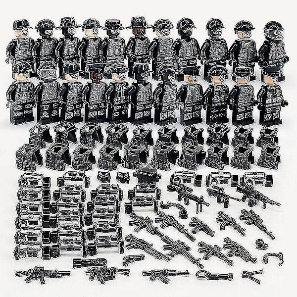 Sotilaallinen rakennuspalikkasarja Musta erikoispoliisi ja maastoajoneuvosetti Pieniä hiukkasia koottu Minifiguurilelu