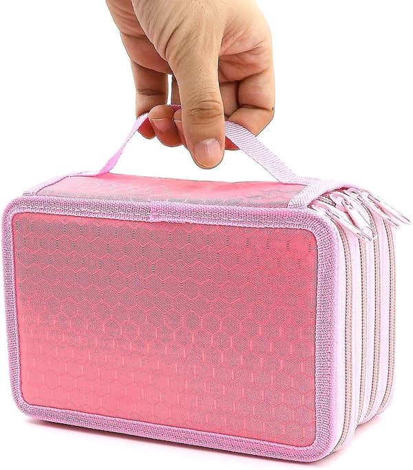 72 Slots 4-layer Zipper Pencil Case With Handle Strap, Oxford Fabric pink