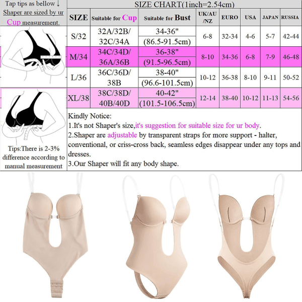 Women's Deep V-neck Body Shaper Strapless Backless Bra Bodysuit Shapewear U Plunge Seamless Thong Beige S-32