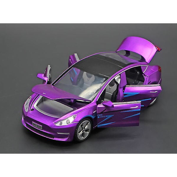 1:32 Tesla Model3 Legeringsmodel Med Lyslydeffekt Træk Tilbage Bilmodel purple