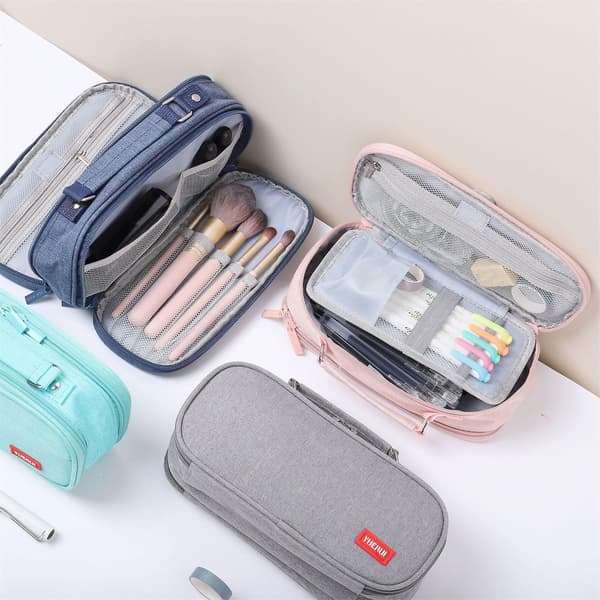 Pencil Case Big Capacity Grip Handle Canvas Easy Carry Pencil Pen Storage Bag For School Blue