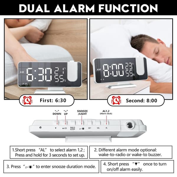 Led Digital Alarm Clock Watch Table Electronic Desktop Clocks Usb Wake Up Fm Radio Time Projector Snooze Function 2 Alarm White with White Words