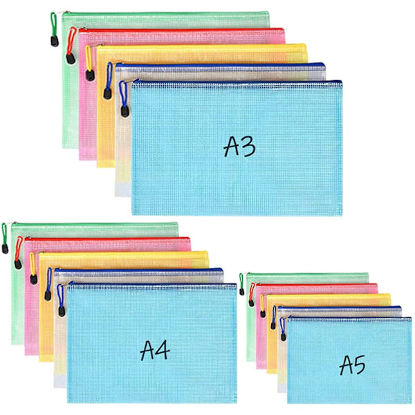 15 Pieces Document Pocket A3 + A4 + A5, File Pockets With Zipper, Mesh Plastic