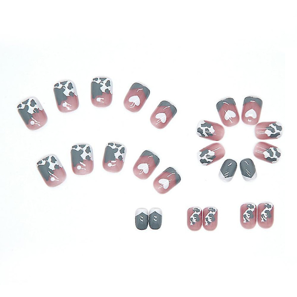 24pcs Short Press On Nails Cow Pattern & Heart Full Coverage Artificial Nails Glue Models