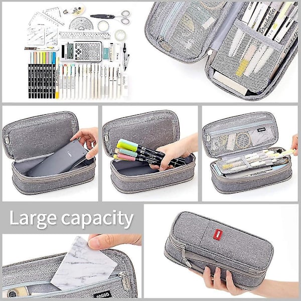 Pencil Pen Etui med Stor Kapacitet Kontor College Skole Stor Opbevaring Høj Kapacitet Taske Pose Holder Boks Organizer Gray
