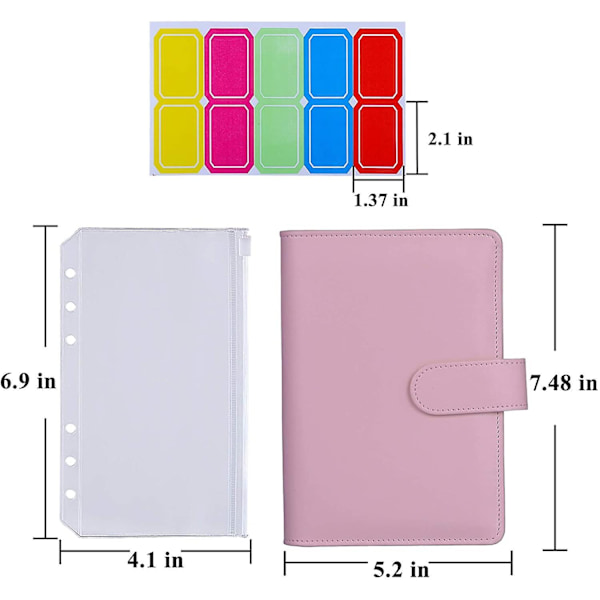 12 stk. A6 Binder Lommer Løse Ark Poser 6 Ring Binder Kontant Budget Kuverter System, A6 Pu Læder Binder Sæt Pink