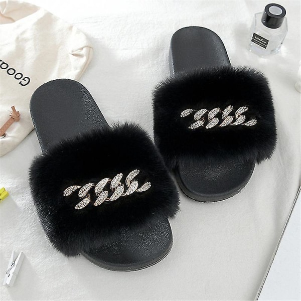 Women's Fluffy Faux Fur Slippers Comfy Open Toe Slides With Fle BLACK 36