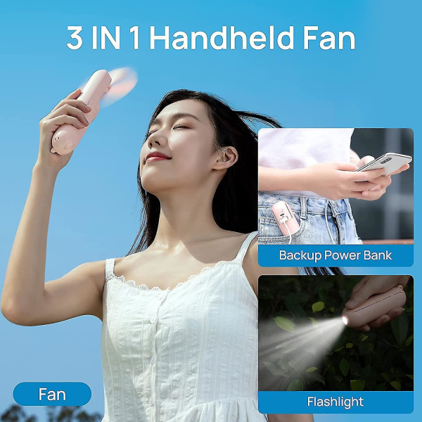 Handheld Mini Fan, 3 In 1 Hand Fan, Portable Usb Rechargeable Small Pocket Fan, Battery Operated Fan [14-21 Working Hours] With Power Bank, Flashlight Pink