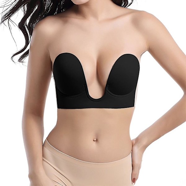 Strapless Sticky Adhesive Deep U-shaped Silicone Bra Invisible Backless Reusable Black