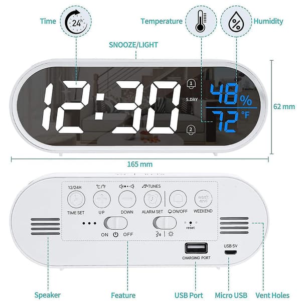 Alarm Clock Led Music Digital Clock Time Temperature 5 Levels Brightness Humidity Display Usb Rechargeable Table Clock black