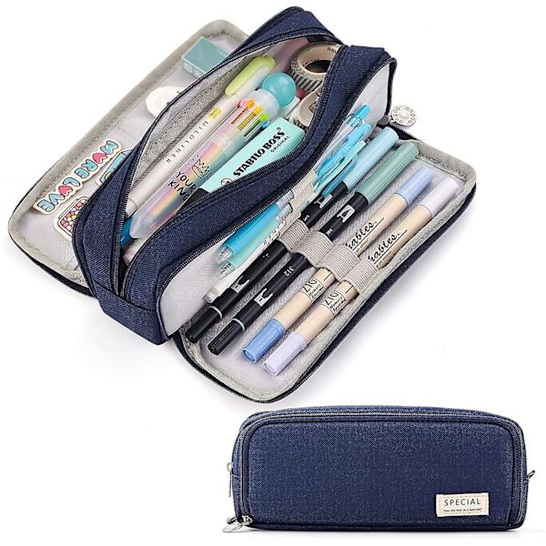 Large Pencil Case Big Capacity 3 Compartments Canvas Pencil Pouch For Students black