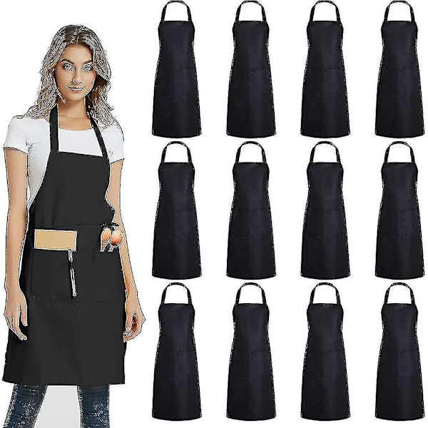 12 Pack Plain Bib Aprons With 2 Pockets - Black Unisex Commercial Apron Bulk