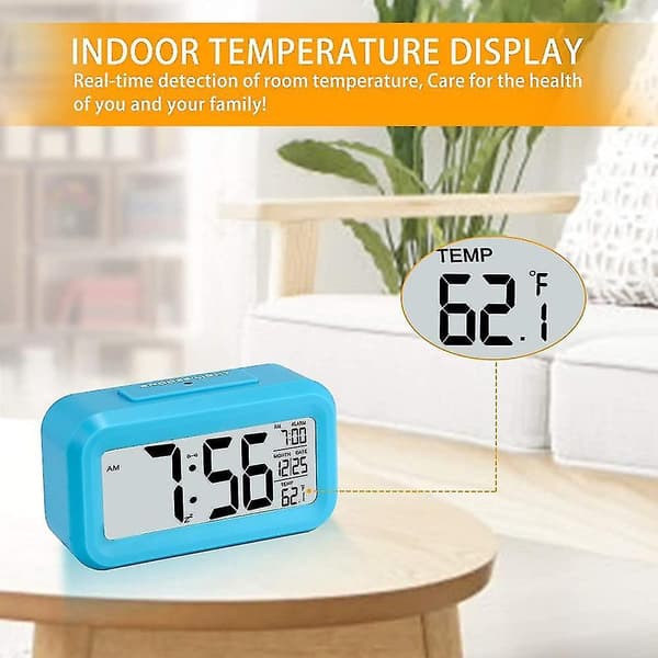 Smart Night Light Digital Alarm Clock With Indoor Temperature, Battery Operated Desk Small Clock Blue