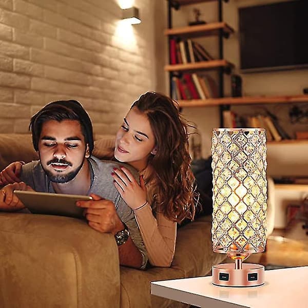 Crystal Lamp Table Lamp With Usb Ports 3 Way Dimmable Light Bedside Lamp Small Touch Light Rose Gold
