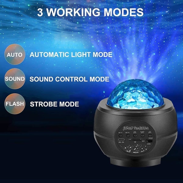 Stjerneprojeksjonsnattlampe, Bluetooth-høyttaler, LED Galaxy Ocean Wave-projeksjonslys Roterende Lydaktivering Stjerneprojeksjonslys (svart)