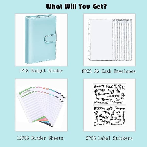 A6 Pu Leather Budget Binder,Include Budget Wallet,Zipper Envelopes,Budget Sheets,Stickers,Blue