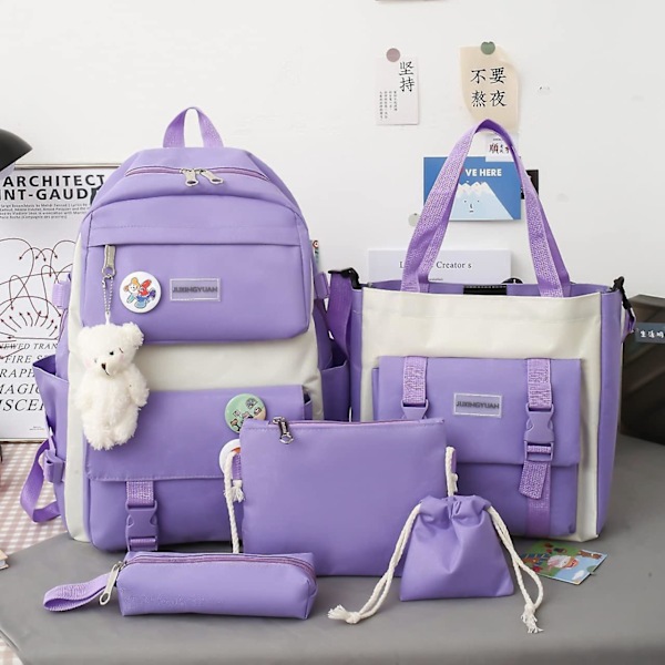 5 stk. Æstetisk Rygsæksæt til Teenagere Piger Skolerygsæk Kawaii Sød Bjørn College Rejse Afslappet Taske Fødselsdagsgave Purple