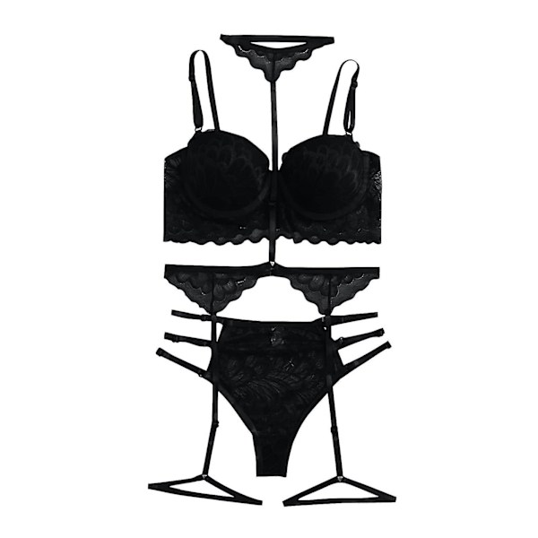 Women Sexy Solid Color Bralette Panty Strappy Lace Embroidery Lingerie Set Black XXL