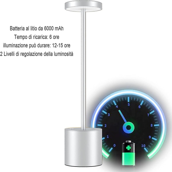 2022 New Cordless Table Lamp, 6000mah Rechargeable Battery, 2 Brightness Levels silver