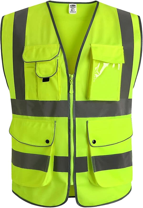 9 Pockets Class 2 High Visibility Zipper Front Safety Vest With Reflective Strips, Yellow Meets Ansi/isea Standards XXL