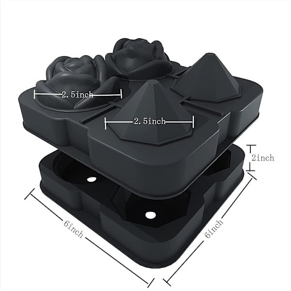 Ice Cube Tray, 2.5 Inch Ice Cube Silicone Molds, 2 Cavity Rose & 2 Diamond Ice Ball Maker Black