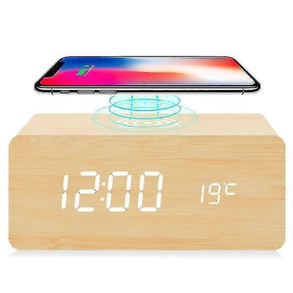 Wooden Digital Alarm Clock With Wireless Charging,adjustable Brightness Dimmer And Alarm Volume(bamboo)